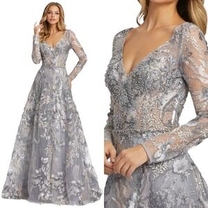 Mac Duggal NEW‎ Gray Long Sleeve Beaded Applique Embroidered Gown $798 - Size 10